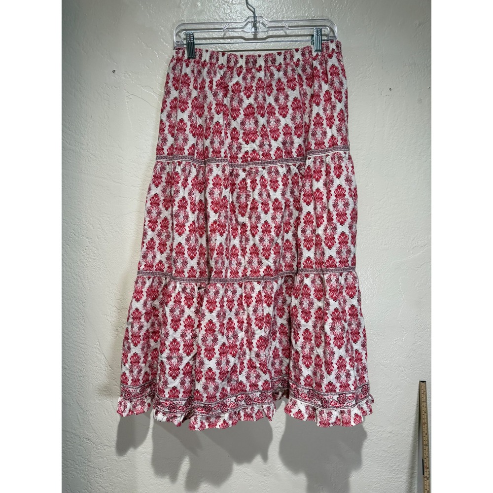 Max Studio London Red White Floral Damask Tiered Midi Skirt XL‎ Ruffle Hem Boho